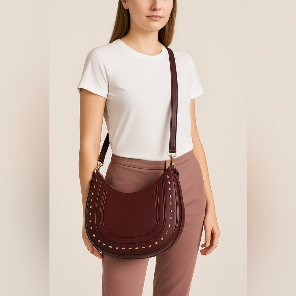 INC International Concepts Burgundy Studded Hobo Crossbody Bag‎